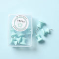 Box of 40 plastic push pins in macaron colours: cherry blossom pink, mint green and lavender.