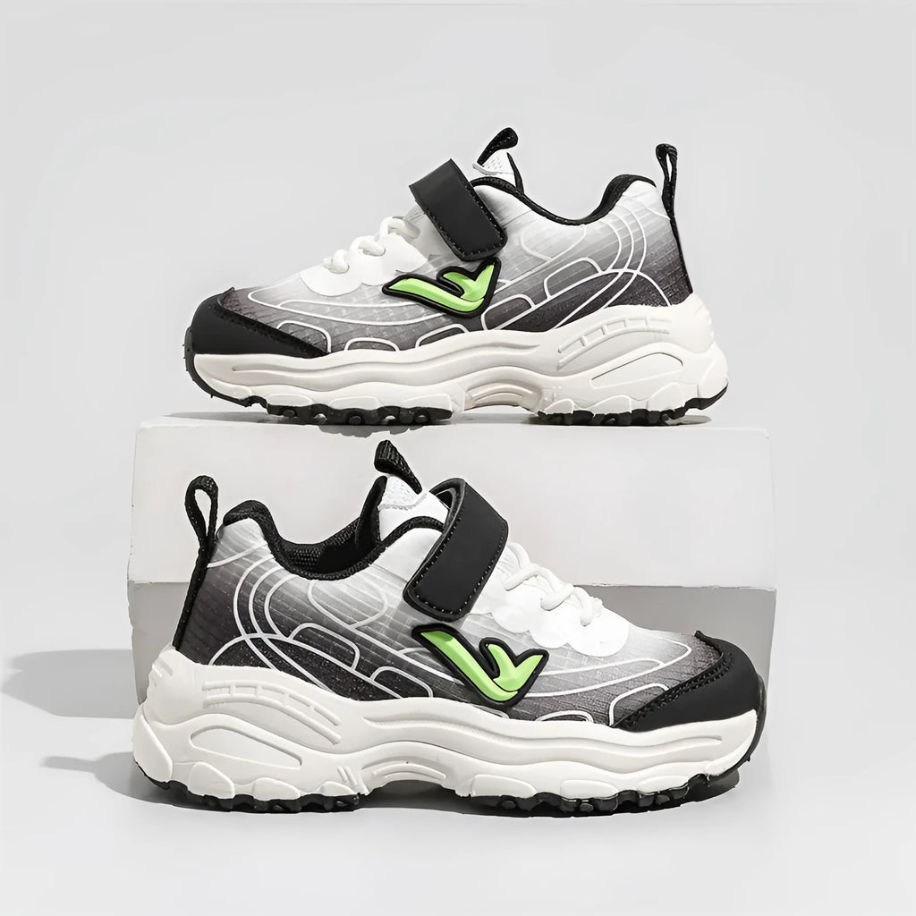Children's black and purple striped dad shoes with lace-up front and rubber sole.