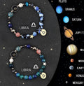 Set of two natural stone beaded bracelets for zodiac signs, on a textured background.