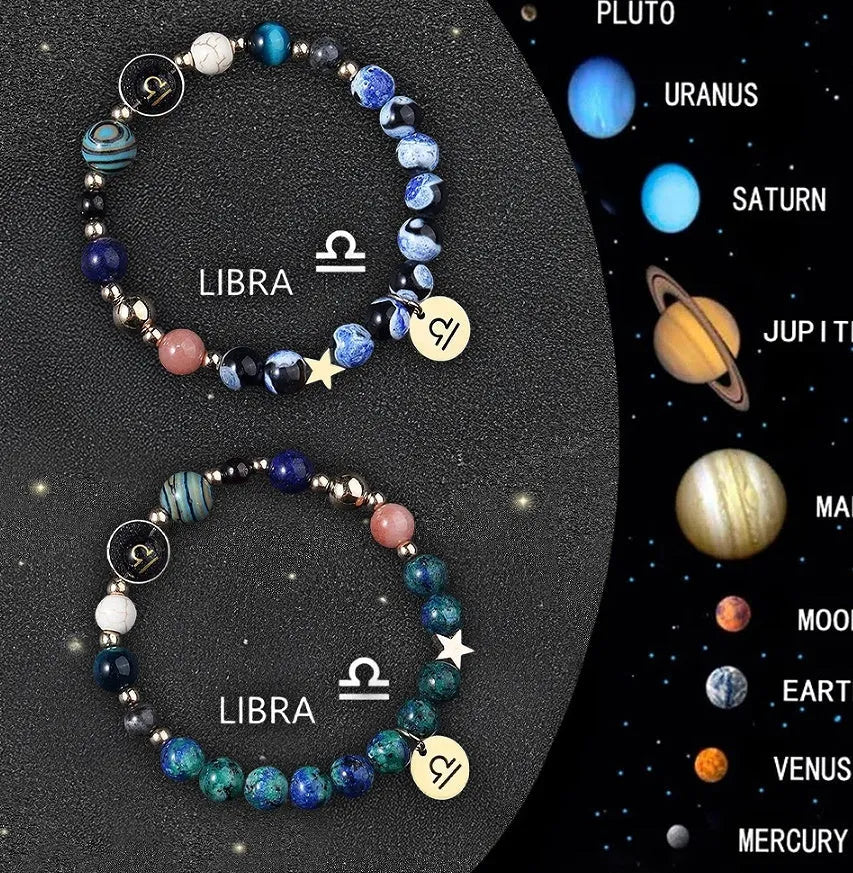 Set of two natural stone beaded bracelets for zodiac signs, on a textured background.