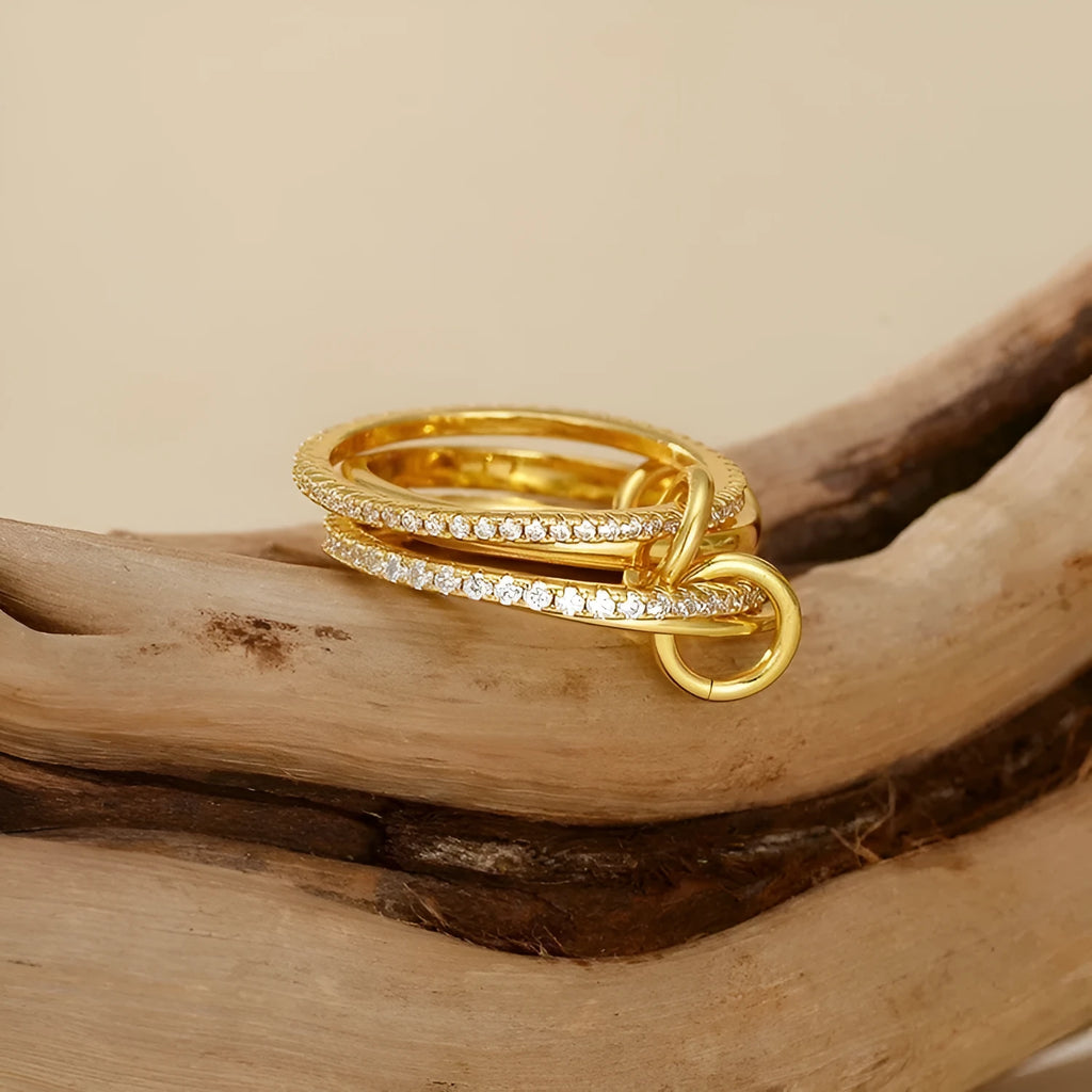 S925 sterling silver four-ring buckle row ring with inlaid zircon in 18k gold colour, unisex minimalist style
