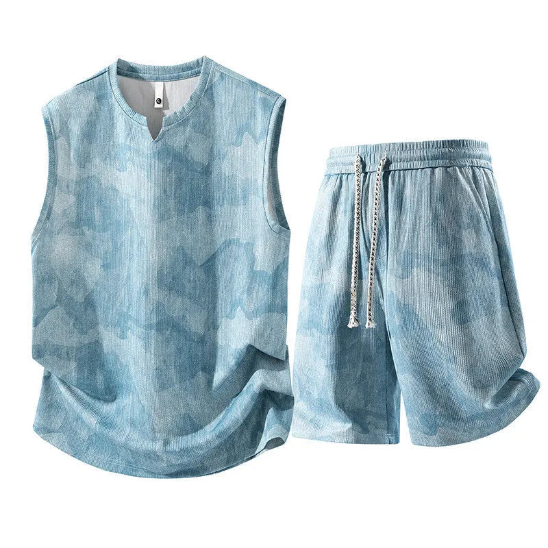 Sleeveless vest and shorts two-piece casual suit in quick-dry fabric for plus-size men.