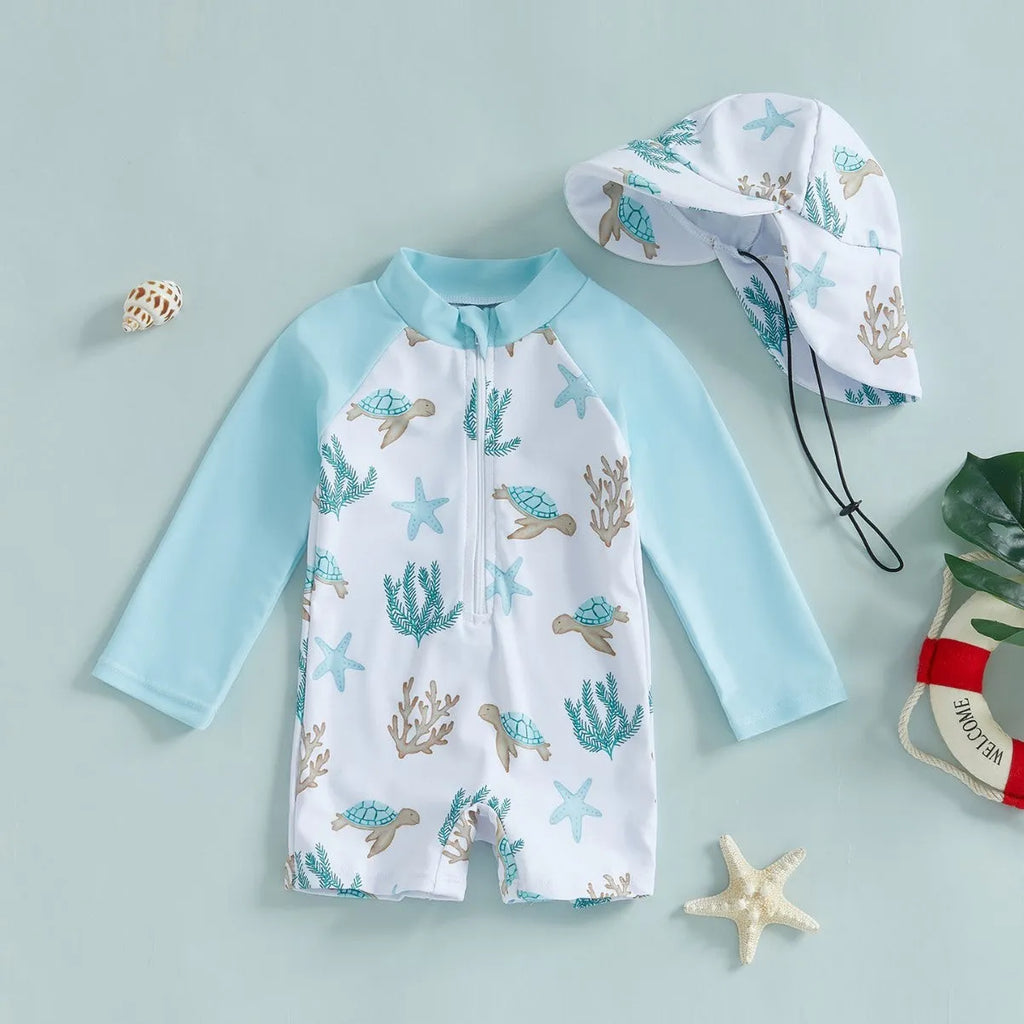 Children's one-piece long sleeve swimsuit with hat, polyester fibre, sizes 70-110, two colour options