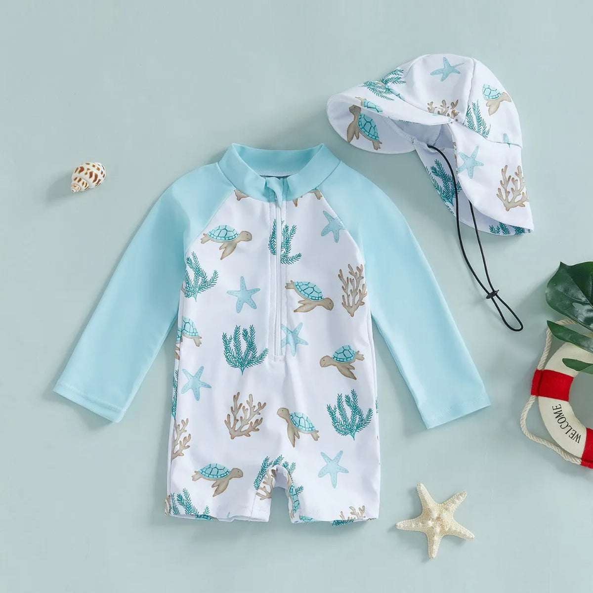 Children's one-piece long sleeve swimsuit with hat, polyester fibre, sizes 70-110, two colour options