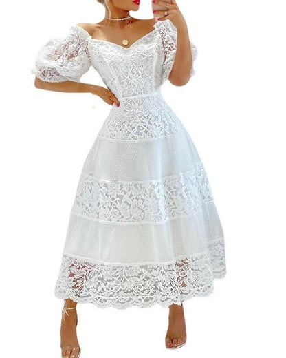 Elegant white V-neck lace stitching dress with puff sleeves and large hem