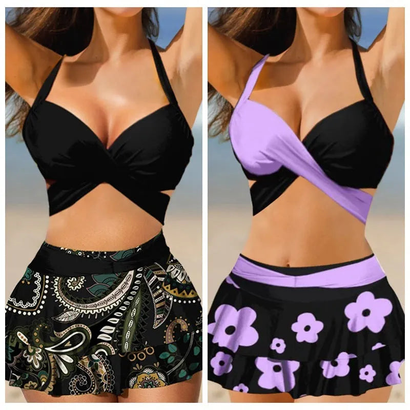 Women's purple bikini swimsuit with matching skirt showing lace-up design and high-waist brief style