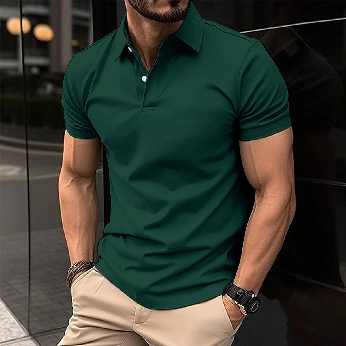 Men's short sleeve cotton polo shirt in a variety of classic colors and sizes