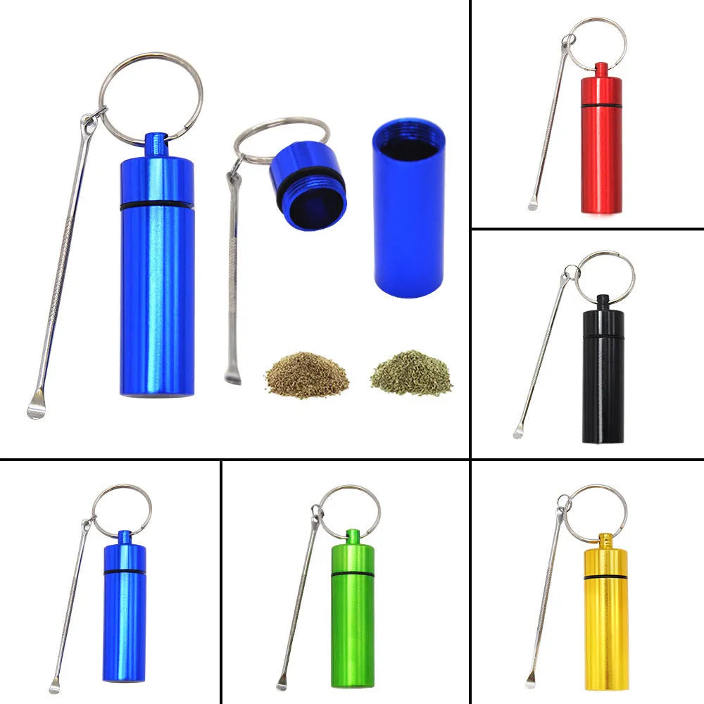Aluminium portable medicine storage bottle with spoon and keychain in five colour options