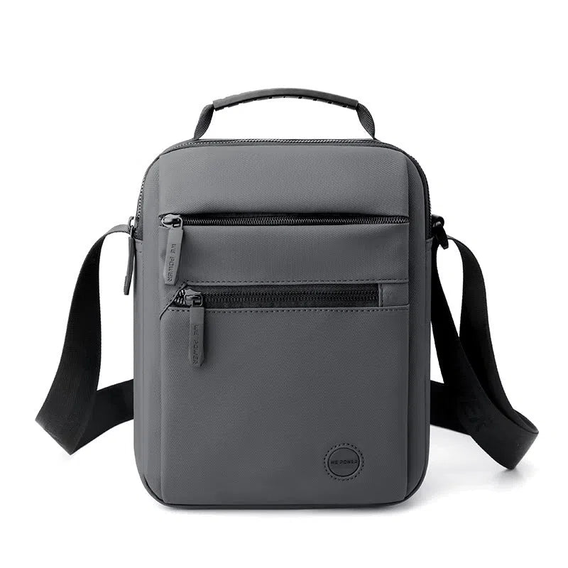 Men's water-repellent PU crossbody bag in army green with single-shoulder strap on grey background