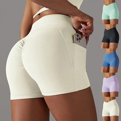 Women's yoga shorts with phone pocket in various colours, ideal for fitness and workouts