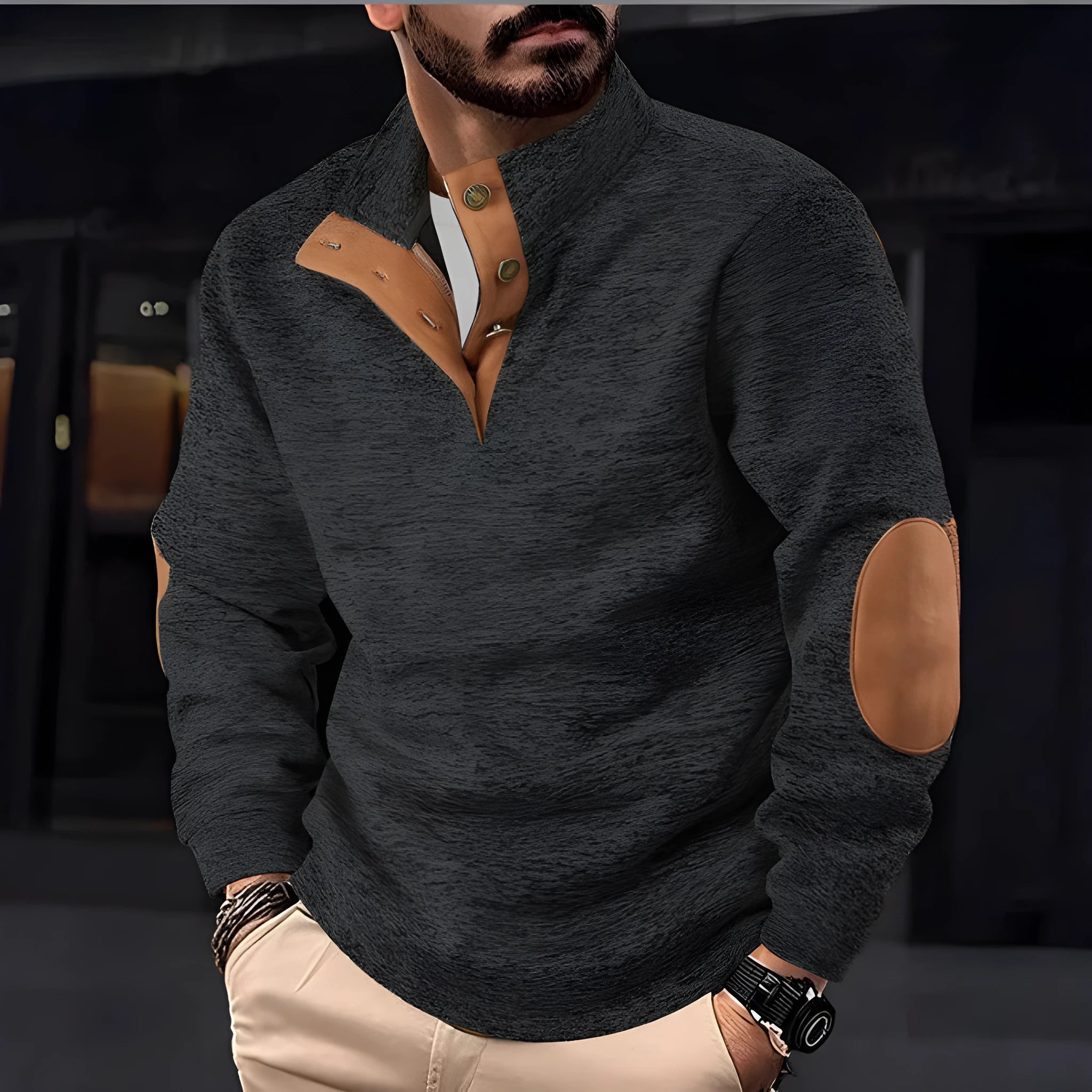 Men's casual printed pullover sweatshirt with patch pocket, loose fit, long sleeves, Japanese cotton blend, size S to 5XL