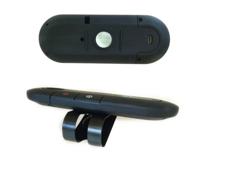Black vehicle-mounted Bluetooth handsfree device clipped to a car sun visor with power cable.
