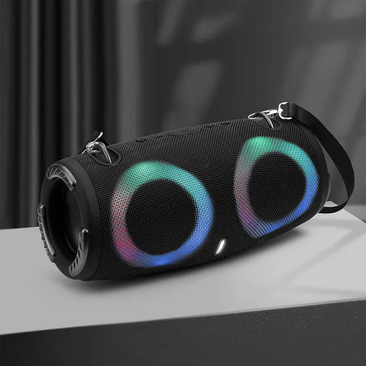 Portable Bluetooth speaker with RGB lights in multiple colour options including black and camouflage.