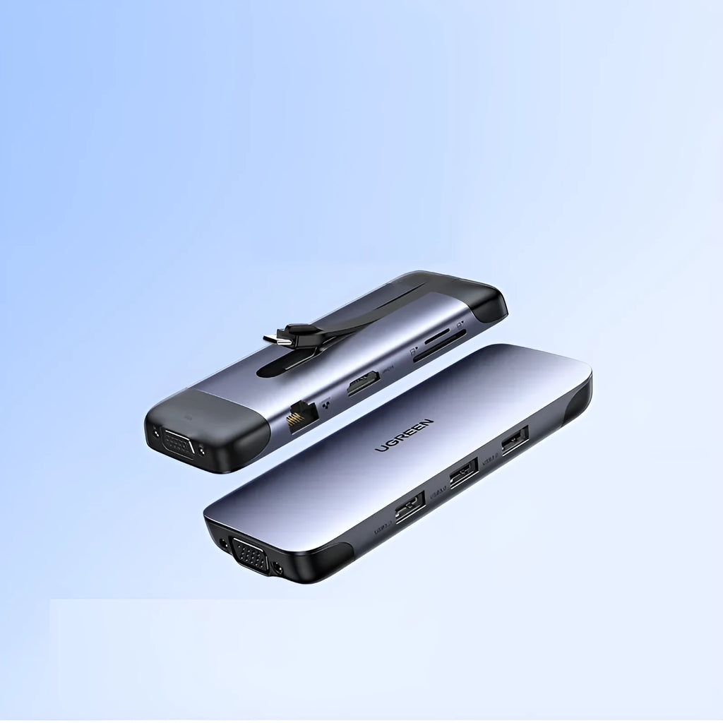 A compact USB-C hub adapter with short cable, showing HDMI, USB 3.0, Power Delivery, and other ports.