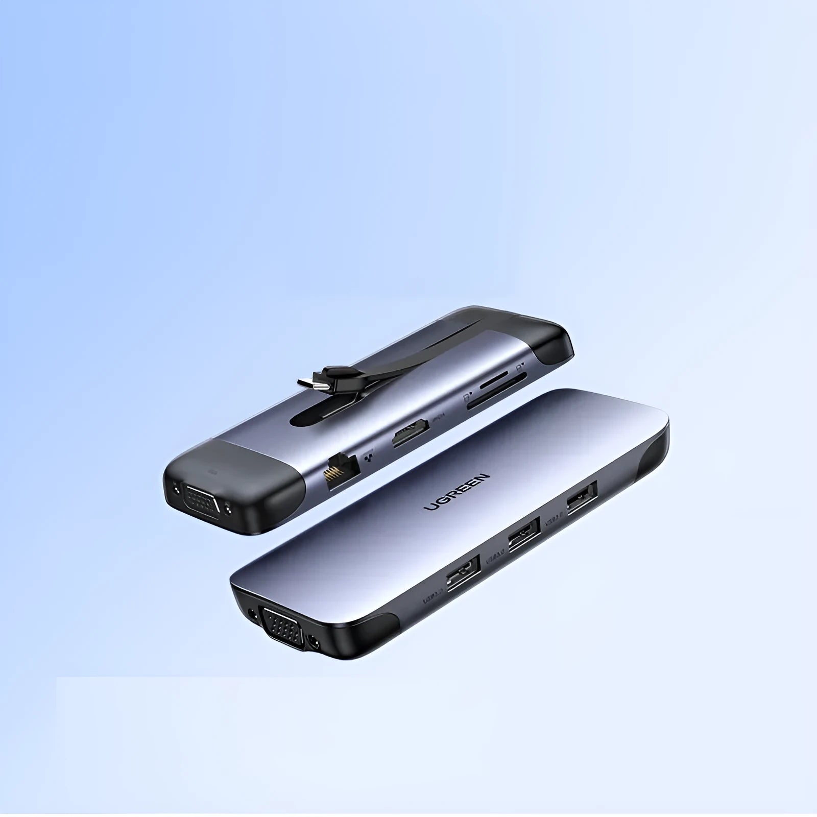A compact USB-C hub adapter with short cable, showing HDMI, USB 3.0, Power Delivery, and other ports.