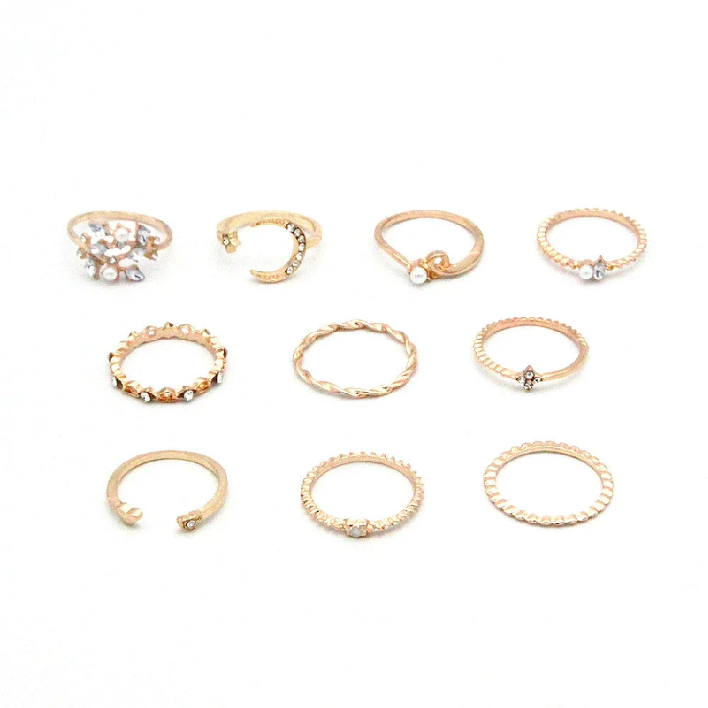 Bohemian Fashion Star Moon Love Pearl Leaf 10-Piece Ring Set in gold