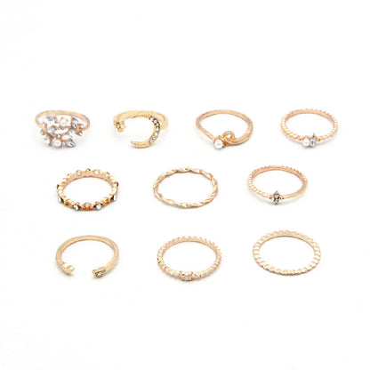 Bohemian Fashion Star Moon Love Pearl Leaf 10-Piece Ring Set in gold