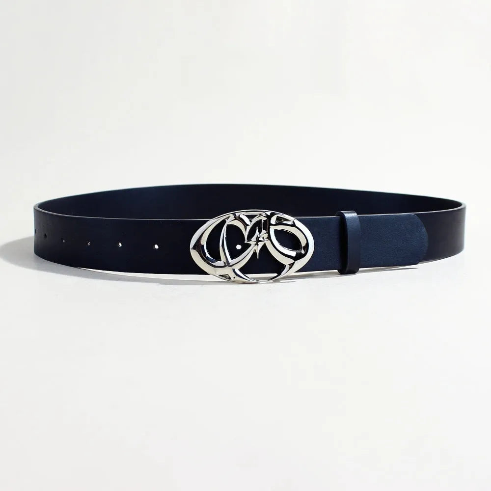 Men's casual silver buckle belt with snap button on a 105cm long, 3.3cm wide PU leather strap.