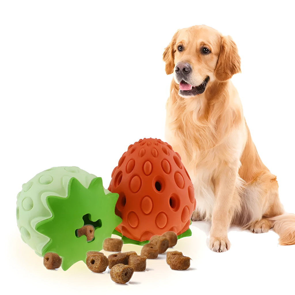 Chew resistant rubber strawberry leak food ball for dogs and cats in red and green