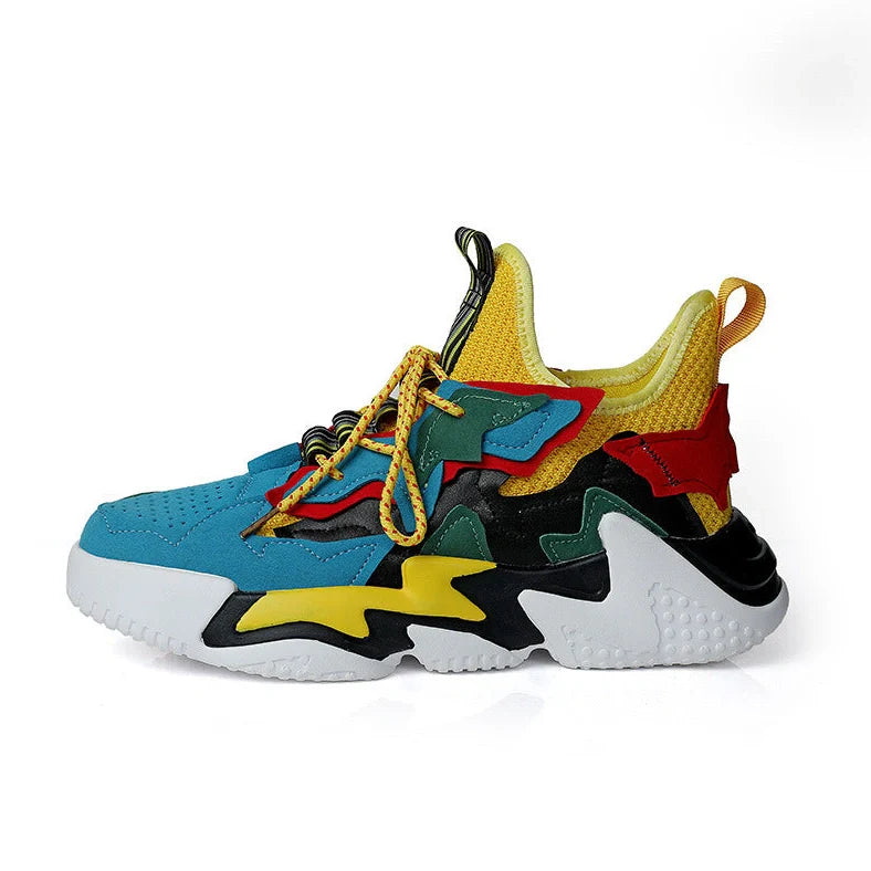 Thick-soled breathable student sneakers in grey, green, and blue with fly-woven mesh upper