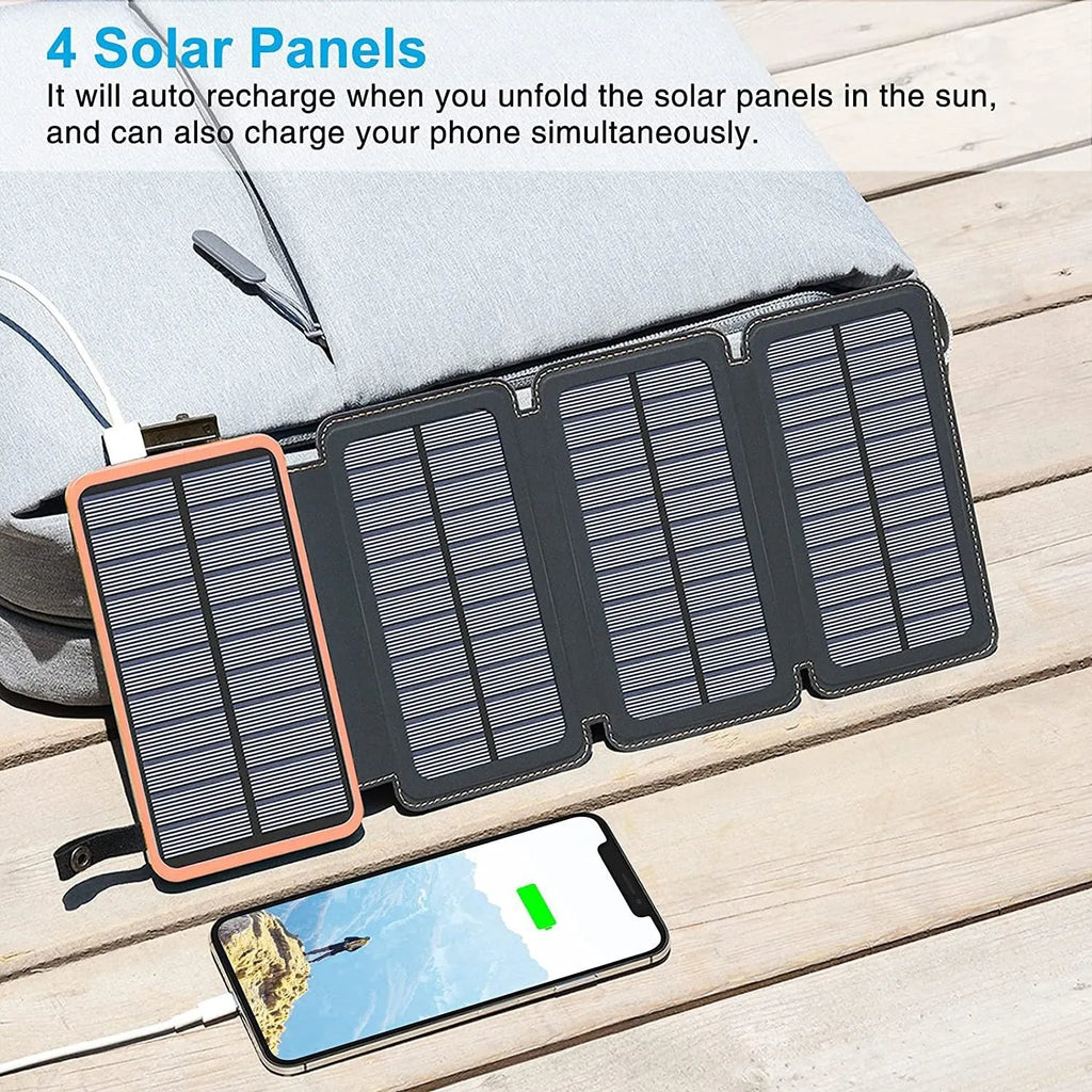 Outdoor rainproof solar phone charger with LED light in black, blue, green, and orange colours.