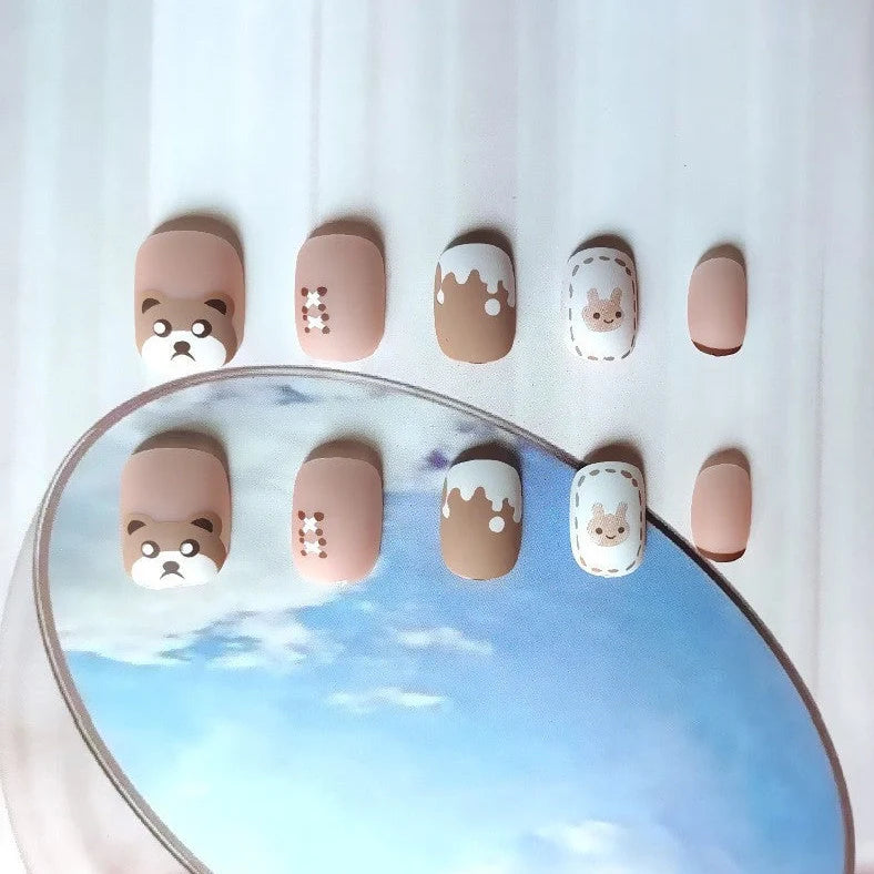 Coffee milk bear design nail patches size 0-9 with adhesive glue tube