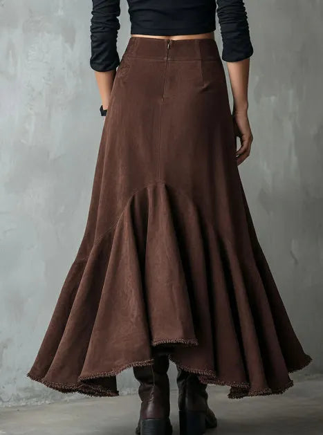Brown women's maxi skirt with asymmetric high-low hem and western ruffle detailing