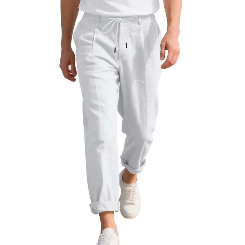 Men's linen casual trousers in straight-leg style with drawstring waist in multiple colour options
