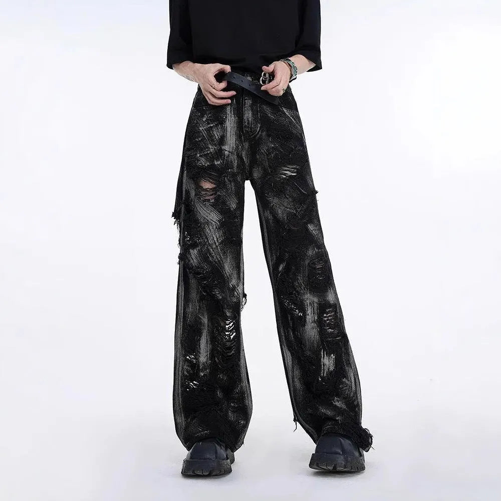 Men's American style heavyweight denim jeans with washed graffiti finish and micro elasticity fabric