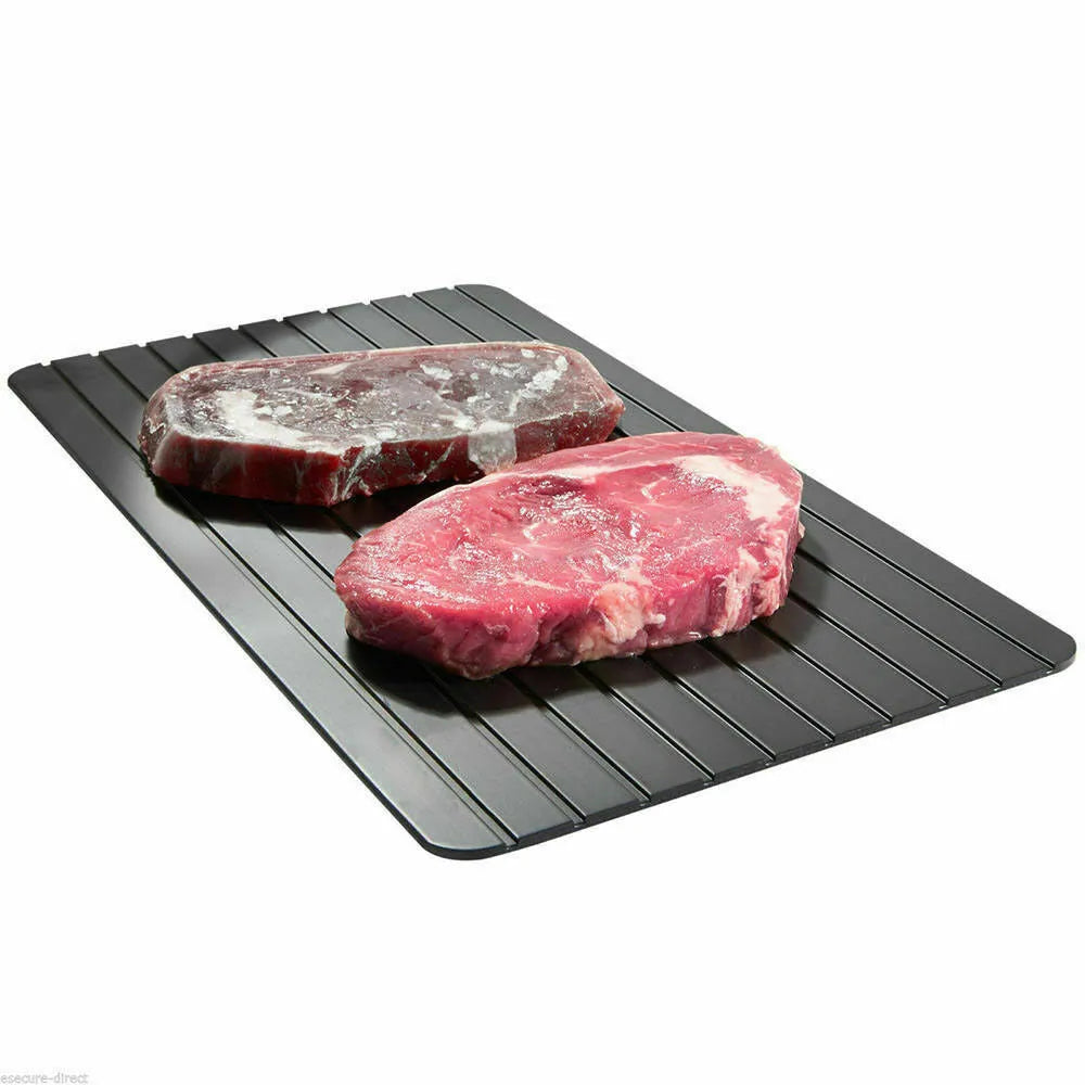 Black aluminium fast defrost tray for thawing frozen meat and food quickly without electricity.