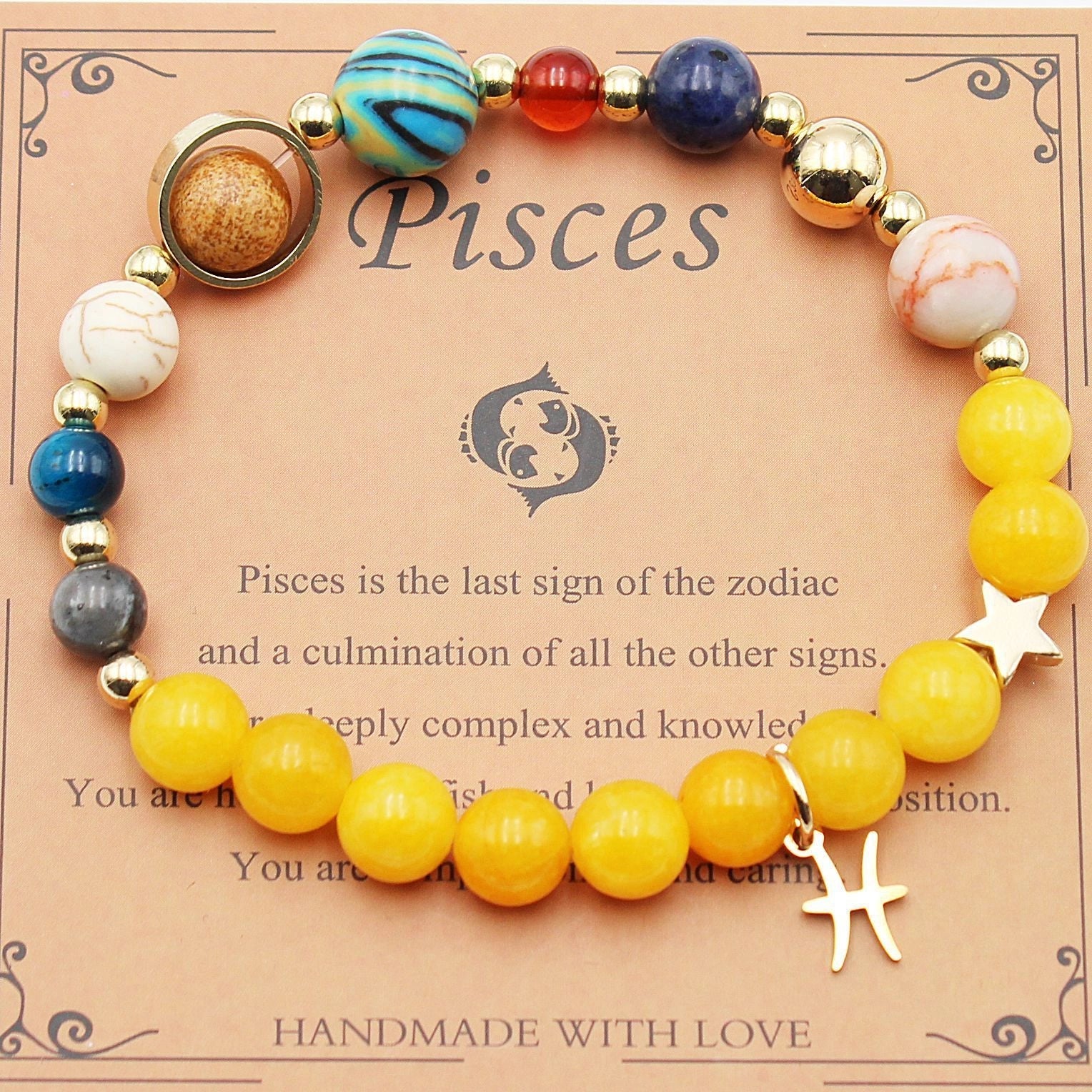 Morgan Stone beaded bracelet with twelve constellation designs, showcasing personalised zodiac signs.