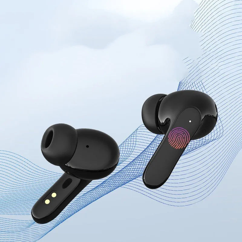 Wireless TWS in-ear sports stereo headphones in neutral-black with bilateral sound and power cord