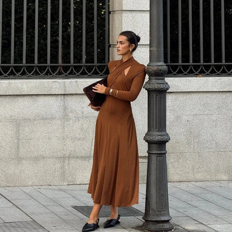 Fashion slim fit brown halter long sleeve dress with high waist princess silhouette