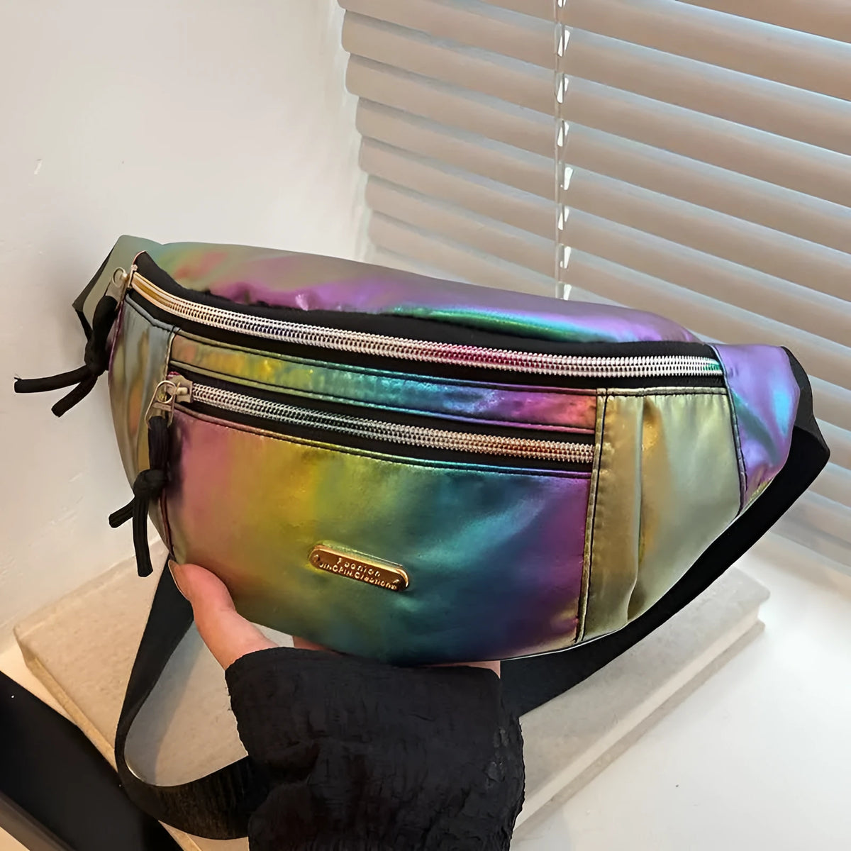 Laser waist bag shoulder crossbody waterproof PU leather street trend contrast colour 31x15x8cm