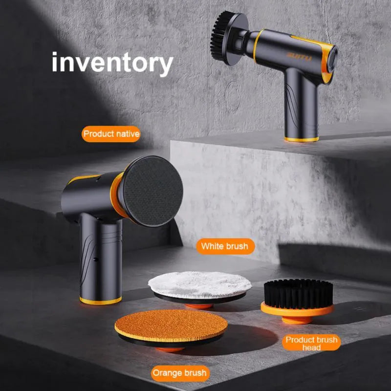 Cordless car polishing machine with black ABS body, orange waxing pad, and 12cm disc on a table