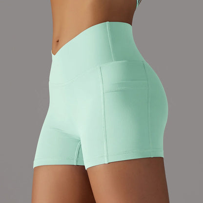Women's yoga shorts with phone pocket in various colours, ideal for fitness and workouts