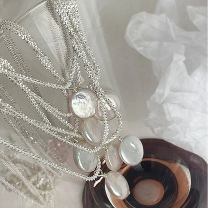 S925 Sterling Silver Baroque Pearl Necklace with starry sky chain design