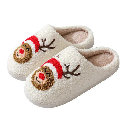 Cozy Christmas home slippers with festive designs, including Santa Claus, Moose, and Gingerbread Man patterns