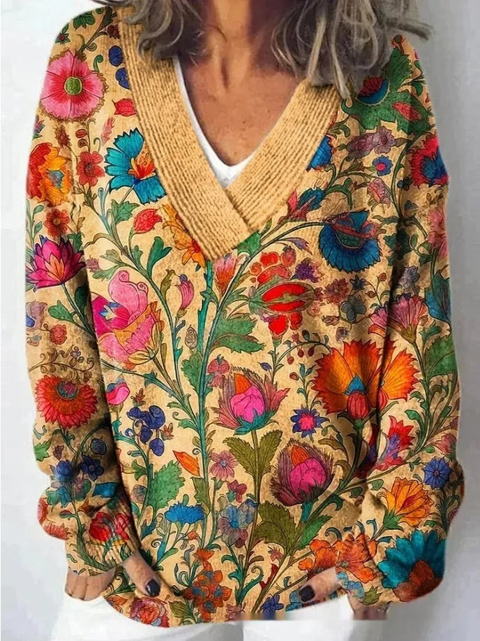Women's V-neck long sleeve sweatshirt with a detailed 3D floral print in a retro art style.
