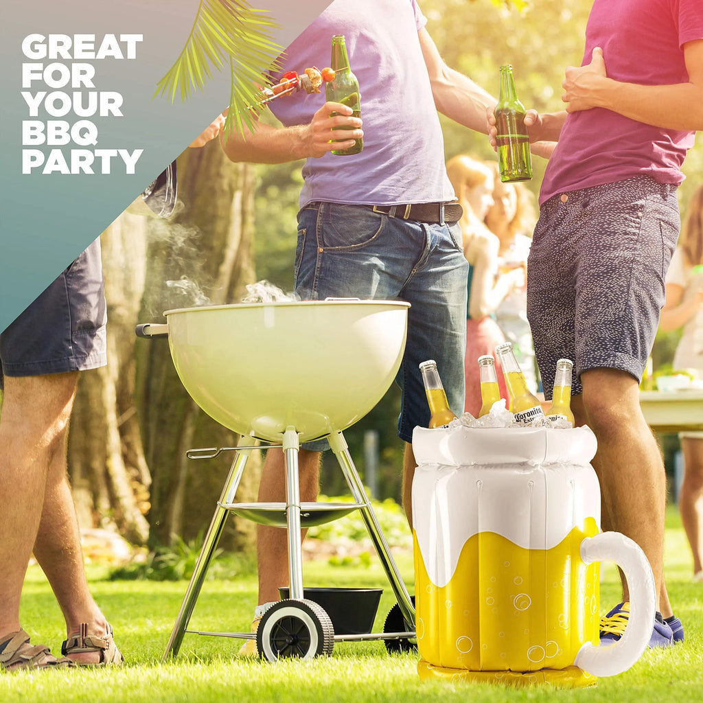 Large yellow inflatable beer mug cooler floating in swimming pool with drinks