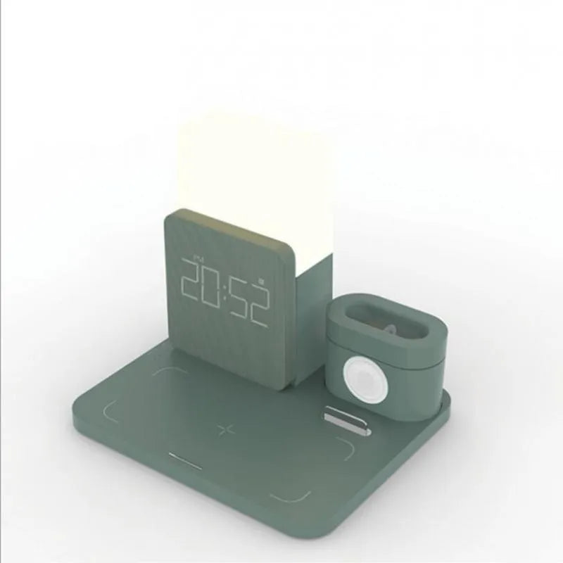 Three-in-one Qi wireless charging stand in black, dark green, or light green colour showing phone, earbuds, and smartwatch charging spots.