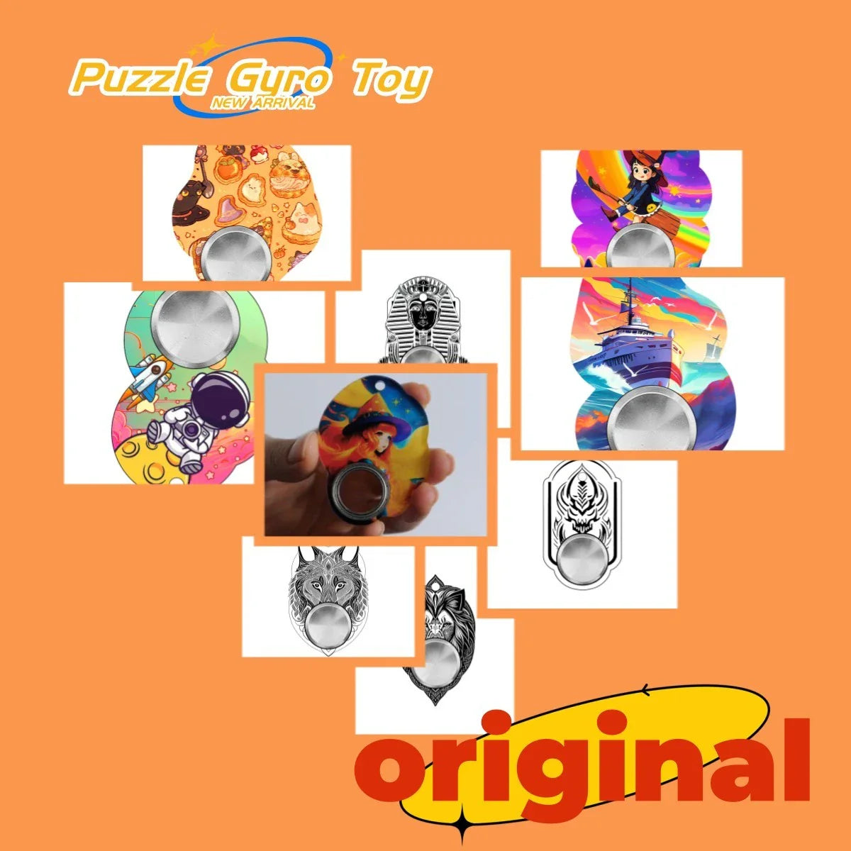 Customizable fidget spinner keychain with various vibrant designs for stress relief and improved focus