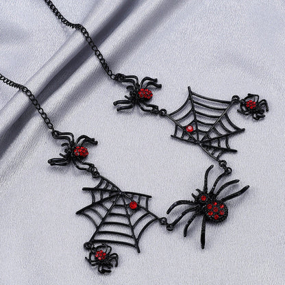 A close-up of a necklace featuring an intricate spider web design, made of high-quality alloy with a polished finish.