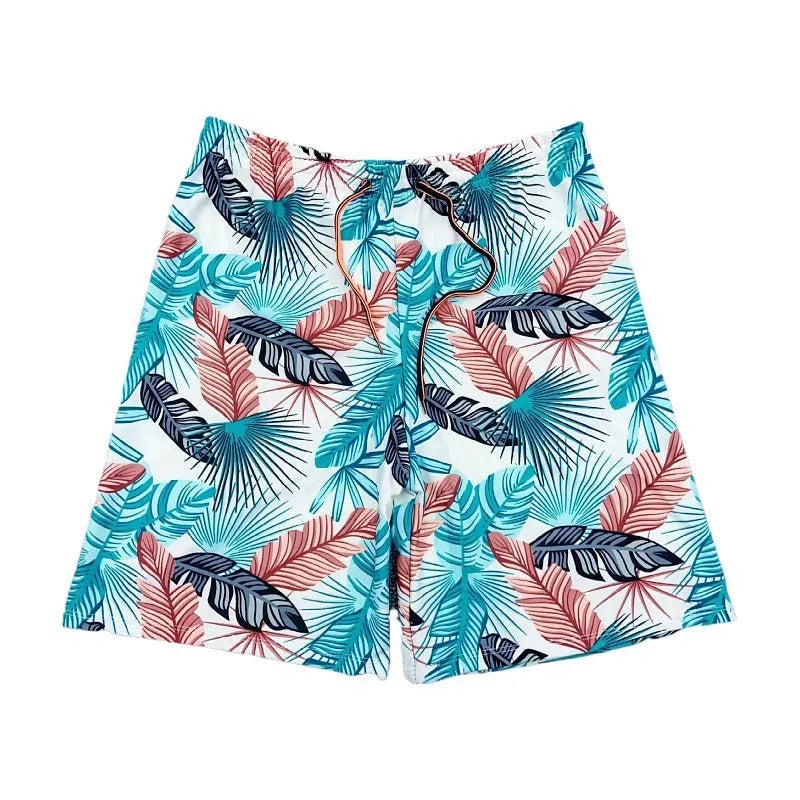 Men's cropped beach pants swimming trunks in multicolour leaf pattern with polyester spandex fabric