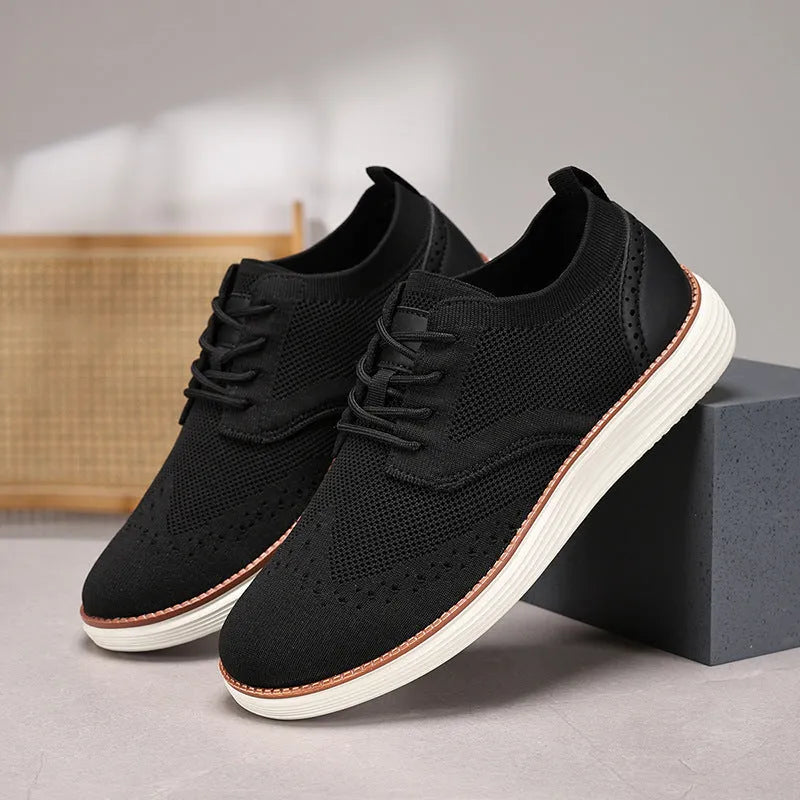 Men's outdoor fly woven mesh hiking casual shoes with rubber outsole in black side view