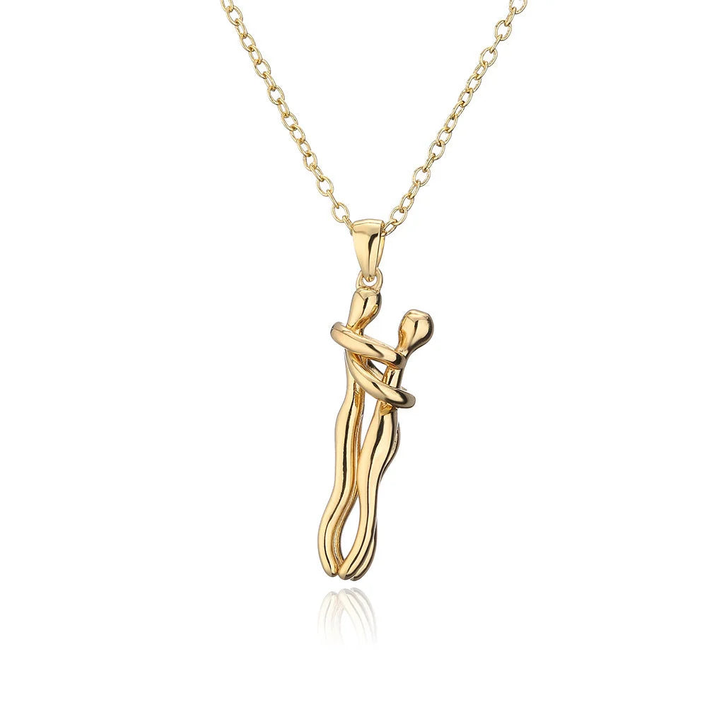 Affectionate Hug Necklace for couples, brass pendant with snake bone chain