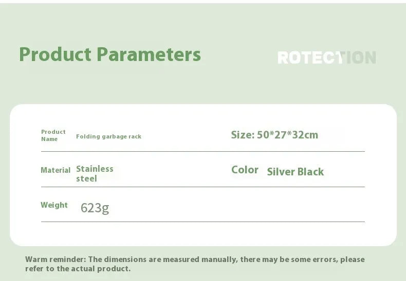 Silver folding stainless steel garbage bag holder bracket on a wooden surface.
