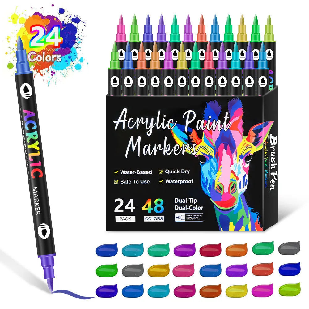 Set of washable double-headed acrylic marker pens with opaque quick-drying colours