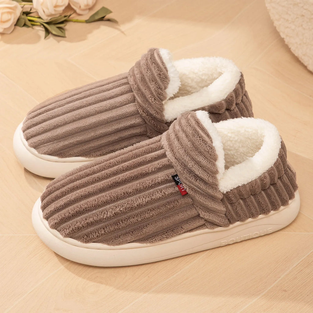 Women's winter cotton home slippers with corduroy lining, low-top flat heel, available in pink colour