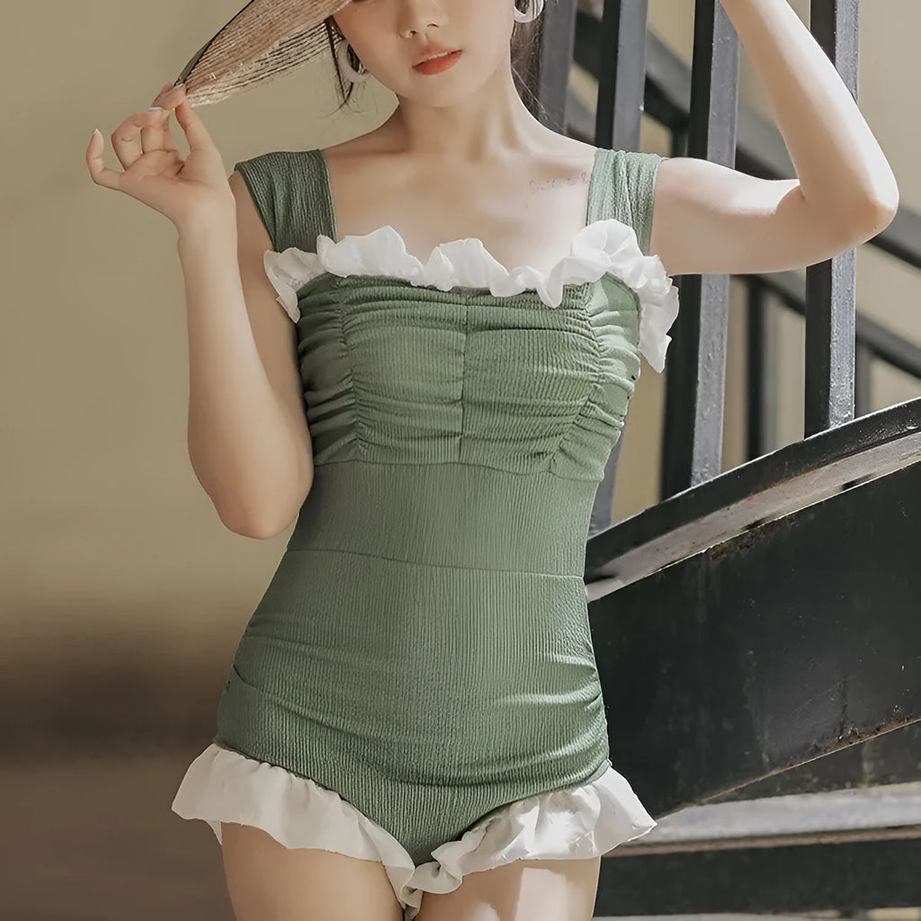 Korean style high waist one-piece swimsuit in quick-drying polyester fabric, available in black, green, or pink
